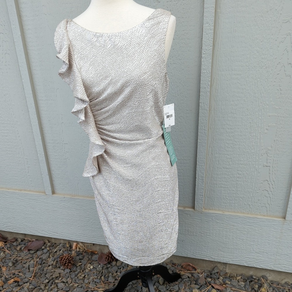 NOS Liliana Midi Dress Womens 8 Ruched Silver Ruffle Sexy Yacht Retro Sleeveless - Picture 2 of 10